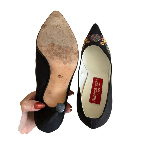 ANDREA PFISTER Couture Vintage Black Fabric Embellished Heels Size 7 - Picture 3 of 8